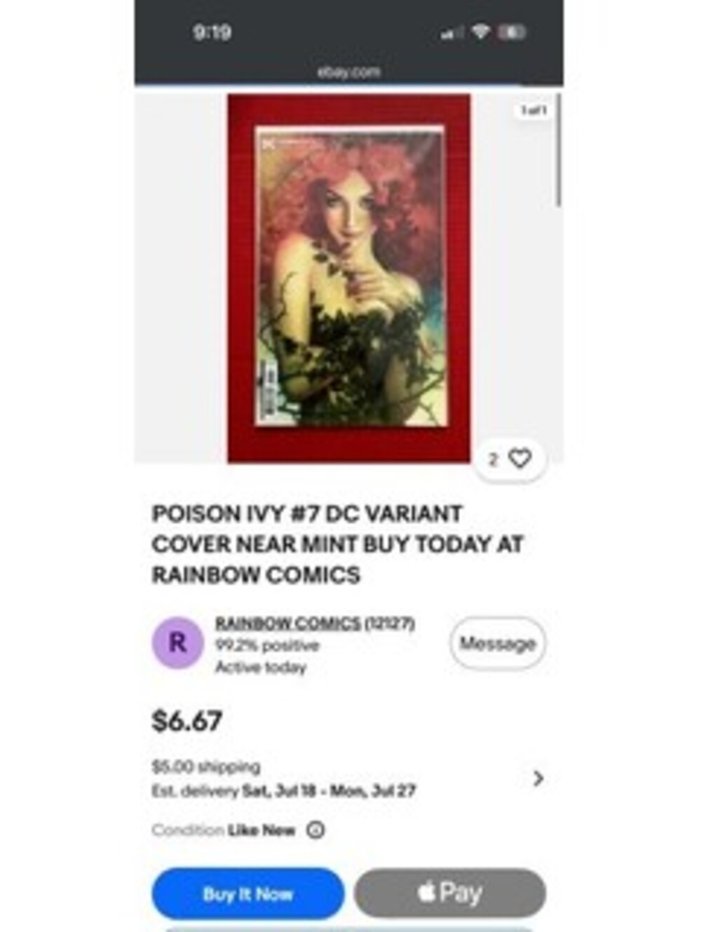 Poison Ivy #7 DC Variant Cover Comic Book Near Mint